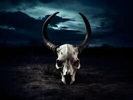 nimal skull with horns in the dark field horror photo