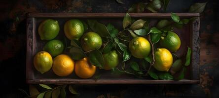 Fresh Lemon in a wooden basket fresh from farm over view photo