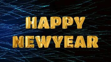 Text HAPPY NEWYEAR golden 3d digital technology animated on blue particle background video