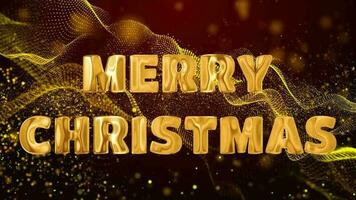 Text MERRY CHRISTMAS golden 3d digital technology animated on red particle background video