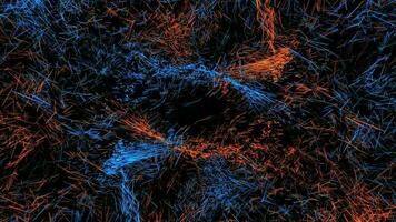 3D abstract digital technology animated orange-blue light particles on black background. video