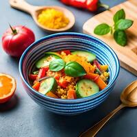 A vibrant bowl of colorful vegetables, roasted to perfection and topped with a sprinkle of herbs photo