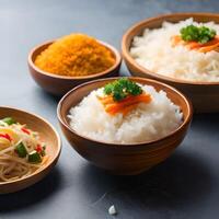 A steaming bowl of fragrant jasmine rice, topped with a colorful array of Chinese delicacies photo