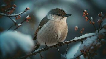 linda pájaro de el paro se sienta en un rama en invierno foto