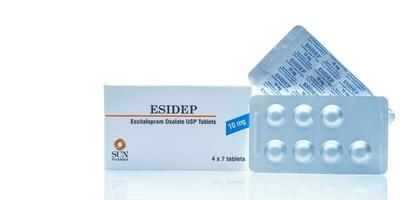 CHONBURI, THAILAND-FEBRUARY 18, 2023 Esidep tablet in blister pack. Escitalopram pills for treat major depressive disorder, generalized anxiety disorder. Antidepressant drug. Prescription medicine. photo