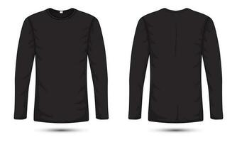 Long sleeve plain black t-shirt front and back view vector