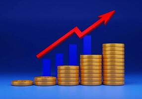 Gold coins with red arrow with bar chart on blue background. 3D rendering illustration photo