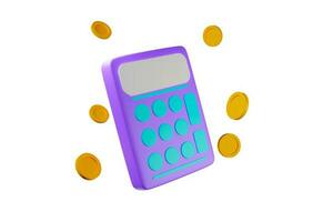 Calculator with coins isolated on white background. 3D rendering illustration photo