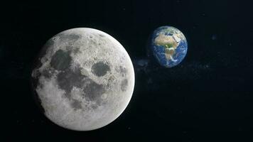 3D Render Close Up Moon And Show Up Earth World Planet Rotation On Galaxy Space 3D Illustration photo