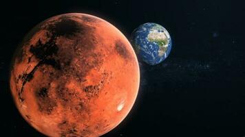 3D Render Close Up Mars Red Planet And Show Up Earth World Planet On Galaxy Space 3D Illustration photo