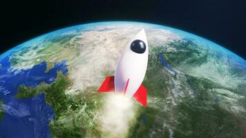 3D Render Rocket Jet Fly into Galaxy Space Star Field And Close Up Big Earth Planet 3D Illustration Background photo