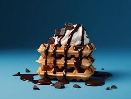 A stack of waffles with chocolate and ice cream on top with blue background. photo