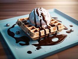 A waffle with chocolate syrup and ice cream on it. photo