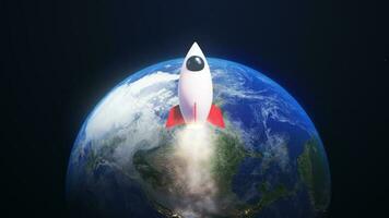 3D Render Rocket Jet Fly And Big Blue Earth Planet Background On Galaxy Space Star Field 3D Illustration photo