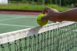 Tennis player holding tennis ball. Hand putting tennis ball on the top of the net. photo