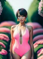 Woman in a pink swimsuit stands in a flower garden photo