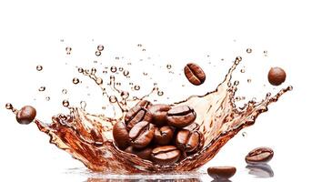 . Coffee beans with splash on white photo