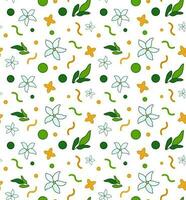 Seamless pattern leaves with flower jasmine and geometric shapes circles, dots, waves. Vector. vector