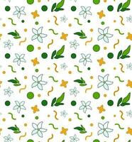 Seamless pattern leaves with flower jasmine and geometric shapes circles, dots, waves. Vector. vector