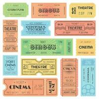 Theater or cinema admit one tickets, circus coupons and vintage old receipt. Retro ticket collection vector design template set