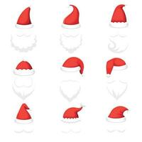 Santa Claus hat and beard. Christmas traditional red warm hats with fur, white beards with mustaches cartoon illustration vector set