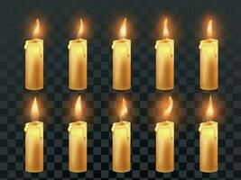 Candle fire animation. Burning orange wax candles, candlelight flame and animated fire flames isolated realistic vector symbol