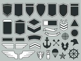 Military patches. Army soldier emblem, troops badges and air force insignia patch design elements vector set