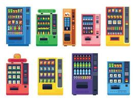 Flat vending machines. Snacks food, ice cold drinks and candy machine vector illustration set