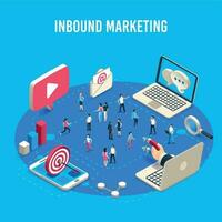 Inbound marketing isometric. Online mass market ads, business target sales ad and offline sale advancement vector concept