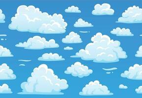 Cartoon blue cloudy sky. Horizontal seamless pattern with white fluffy clouds. 2d game overcast sky vector texture