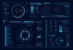 Futuristic hologram ui. Science hud interfaces, graph interface frames and tech regulators or button design elements vector set