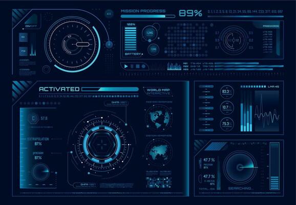 Futuristic hologram ui. Science hud interfaces, graph interface frames and tech regulators or button design elements vector set