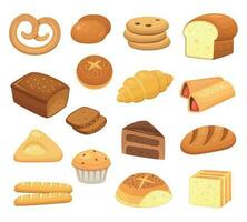 dibujos animados un pan icono. panes y rollos francés rollo, desayuno brindis y dulce pastel rebanada. panadería productos vector íconos conjunto