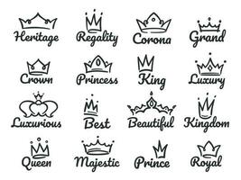 majestuoso corona logo. bosquejo Príncipe y princesa, mano dibujado reina firmar o Rey coronas pintada vector ilustración conjunto