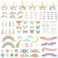 Unicorn constructor. Pony mane styling bundle, unicorns horn and party star glasses. Flowers, magic rainbow and head bows vector set