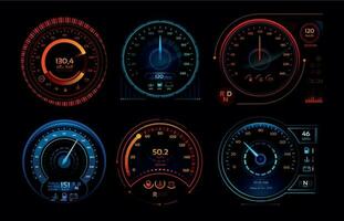 Futuristic car speedometer. Speed hud kilometer performance indicators dashboard, gas and fuel level analog panels vector collection