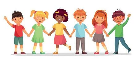 Happy kids team. Multinational childrens, school girls and boys stand together holding hands isolated vector illustration