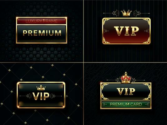 Golden Vip frame. Premium banner with gold insignia crown. Black luxury invitation card with gold frames. Exclusive vector cards set