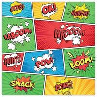 Comics page. Comic book grid frame, funny oops bam smack text speech bubbles on color stripes background vector layout template