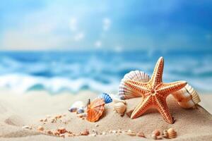 . Shells and starfish on sandy beach photo