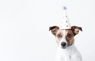 ai generativo. perrito Jack Russell en cumpleaños sombrero en un blanco antecedentes. foto