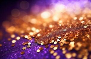 AI generative. Gold and purple glitter lights, defocused background photo