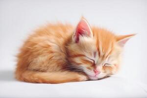 . Cute red kitten sleeps on white blanket photo