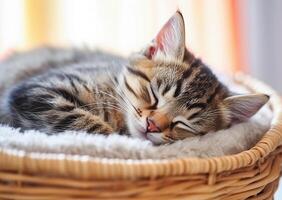 . Cute tabby kitten sleeping in a basket photo