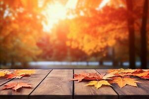 . Background of autumn forest and old wooden deck table photo