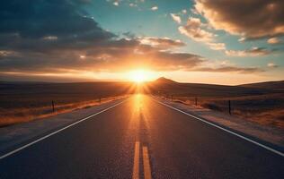 ai generativo. la carretera líder dentro un puesta de sol foto