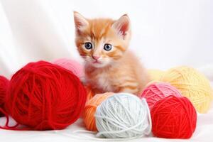 . Small red kitten is played with a ball of yarn photo