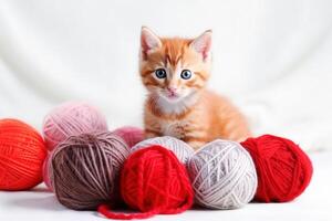 . Small red kitten is played with a ball of yarn photo