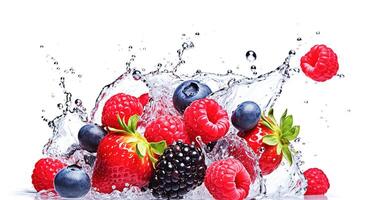 . Fresh berries with water splash on white photo