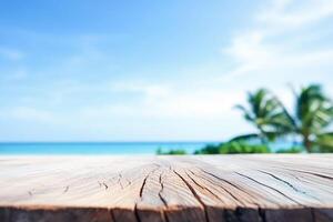 . Empty wooden table with blur beautiful tropical beach on background photo